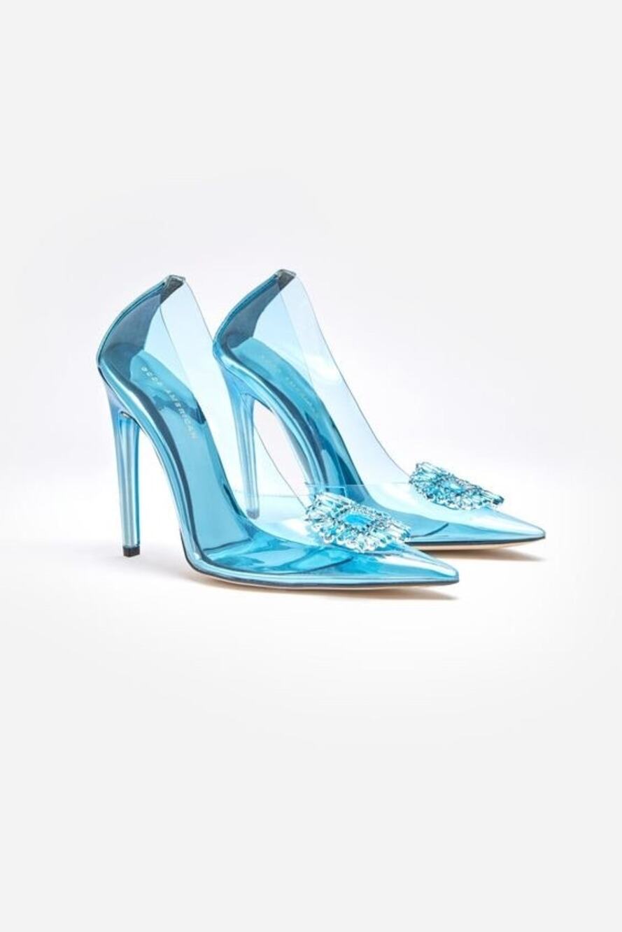 NIB Good American Sz 4 Blue Cinderella Embellished Pointed Toe Stiletto Heels